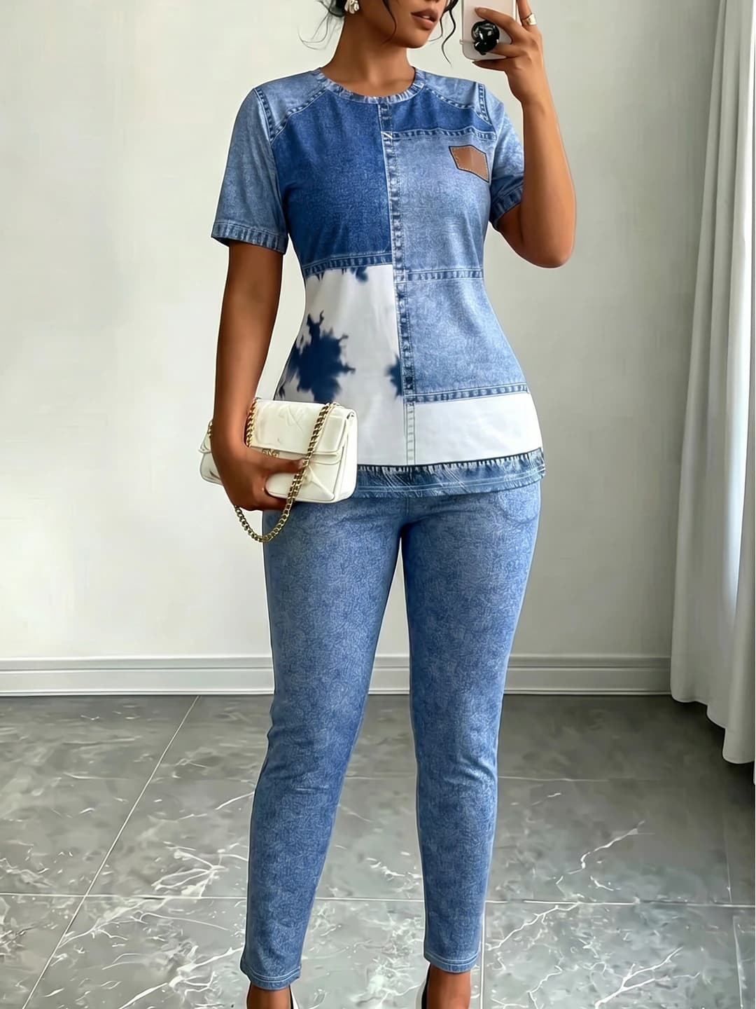 Women's casual clothing set: printed tie-dye t-shirt and trousers, short sleeve, 4-way stretch fabric, for spring, summer and autumn