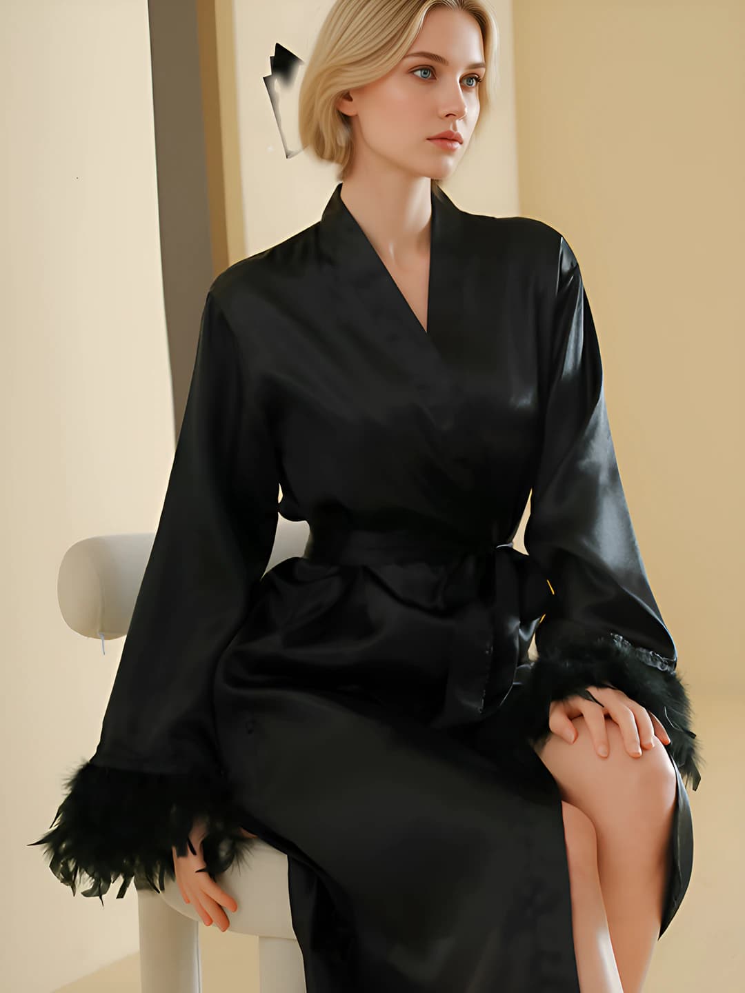 Women's long satin house robe, three-quarter sleeve, all-season, breathable, stretch, ultra-thin, french style, boat neck