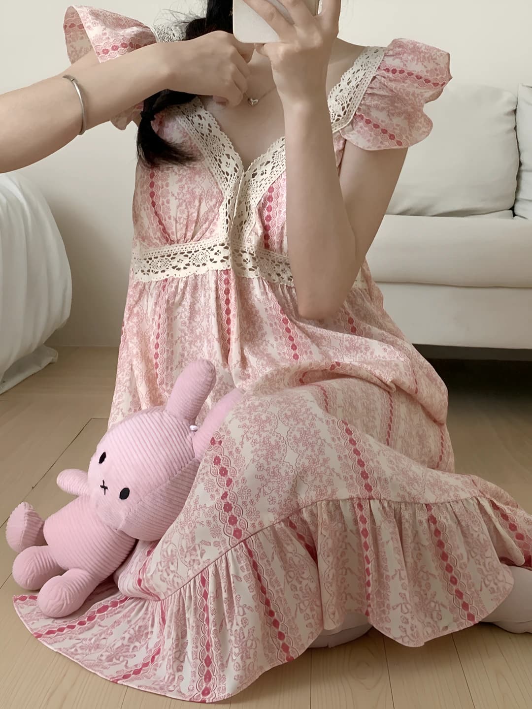Women's 2026 summer princess style nightgown with long sleeves, v-neck and mid length