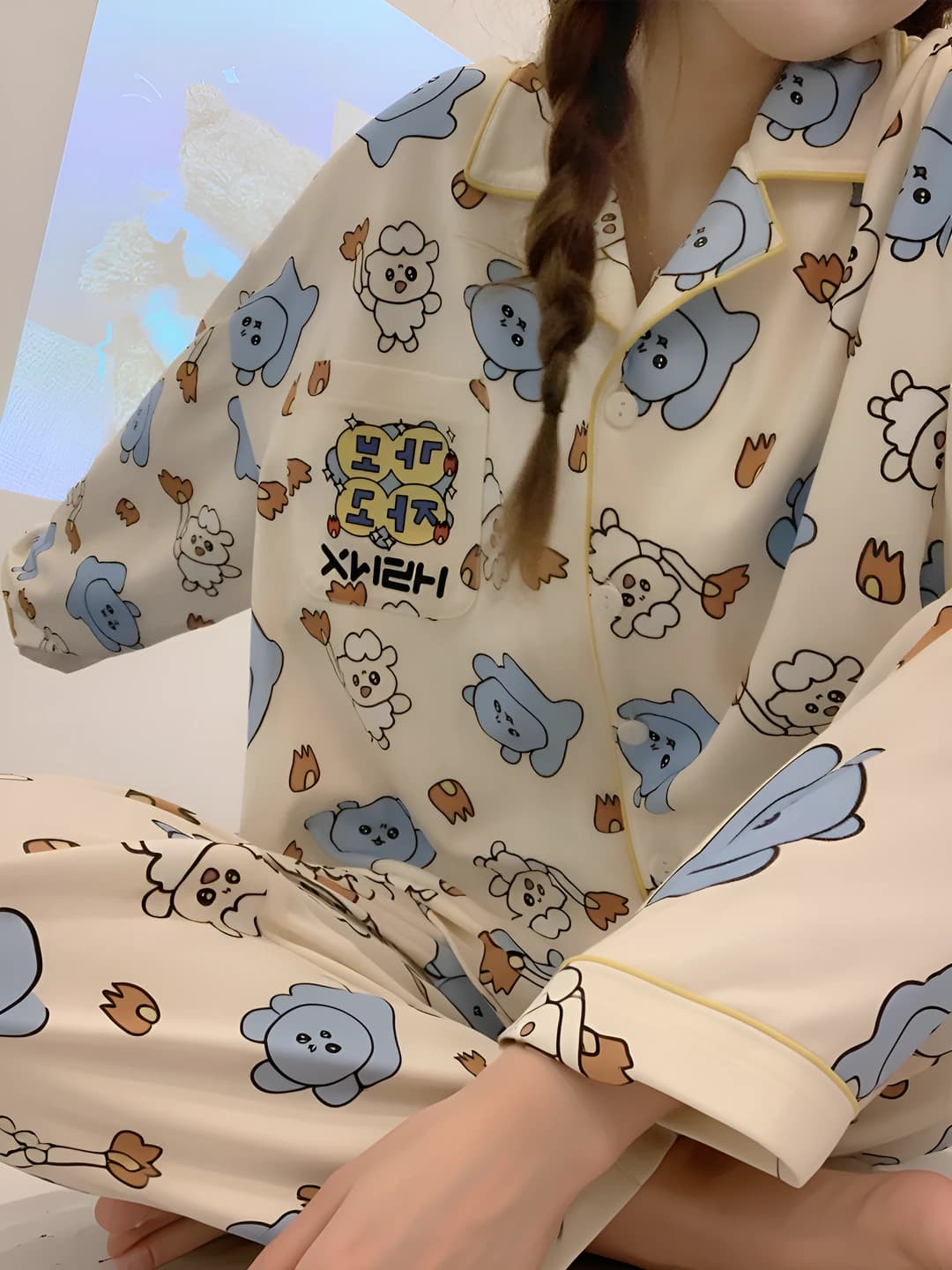 Women's long-sleeve pajama set: lapel collar, trousers, stretch, breathable, for spring-autumn and winter, loungewear, wearable outdoors