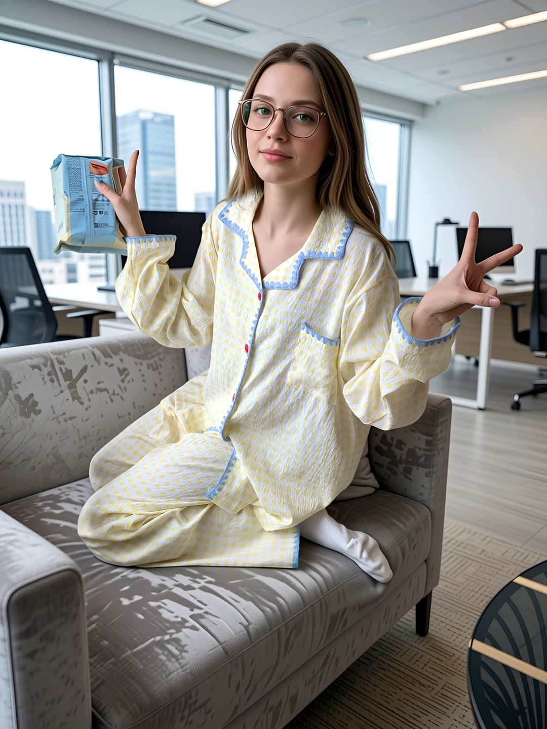Women's home wear set: Korean style, checked, milk yellow, long sleeve, trousers, lapel collar, autumn-winter