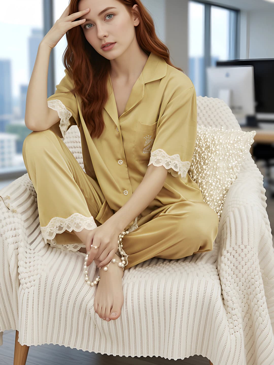 Women's satin pajama set with lace trim, lapel collar, short sleeve, trousers, thin, breathable, all-season