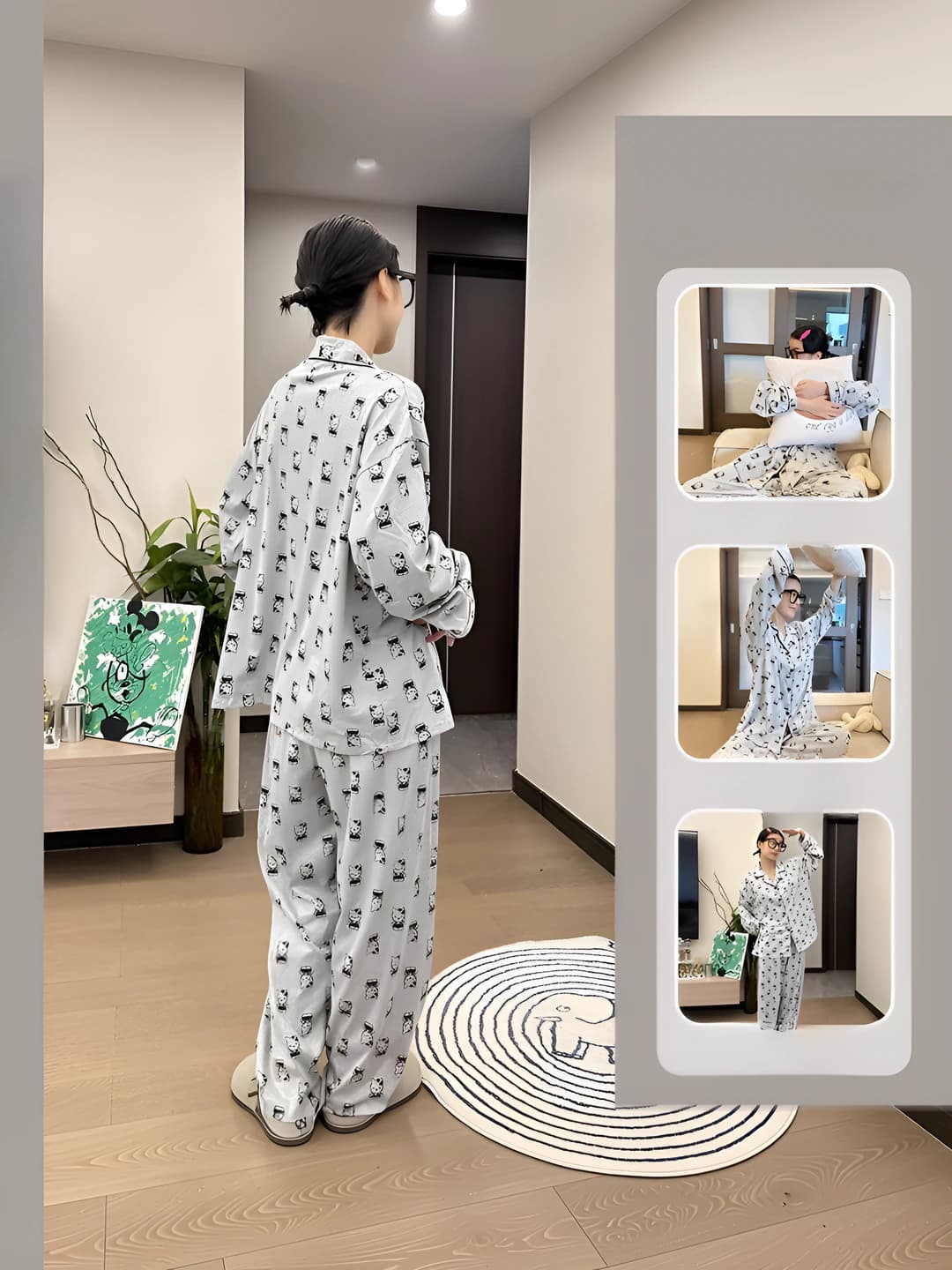 Ayollar uchun Hello Kitty bosma naqshli uzun yengli pijama to'plami, qaytarma yoqa, uzun shim, bahor-kuz, katta o'lcham, kundalik uy kiyimi