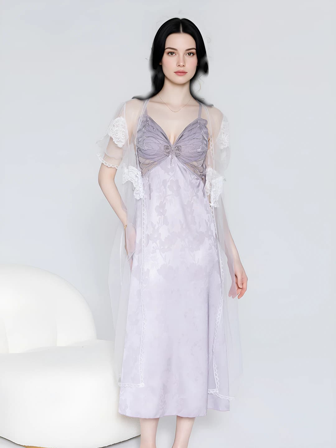 Women's long ice-silk fabric pyjamas set: nightgown with bra pads and sheer mesh robe, V-neck, bracelet-length sleeve, all-season