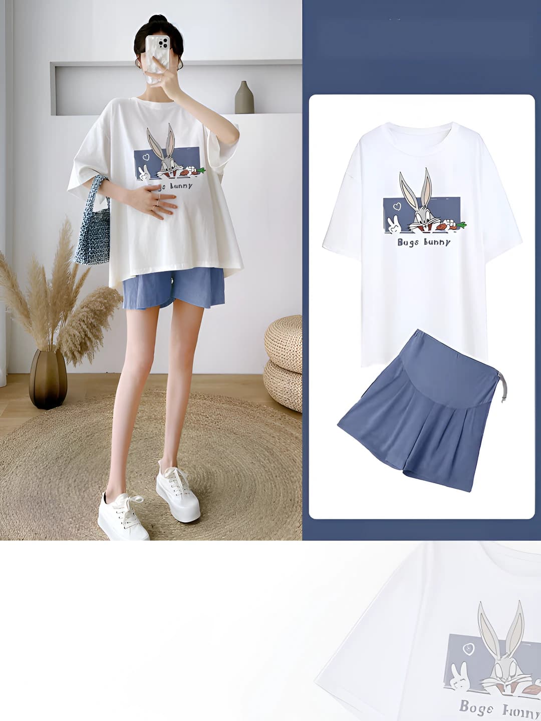 Ayollar uchun yozgi homiladorlar to'plami: kalta yengli bosma naqshli T-shirt va shortlar