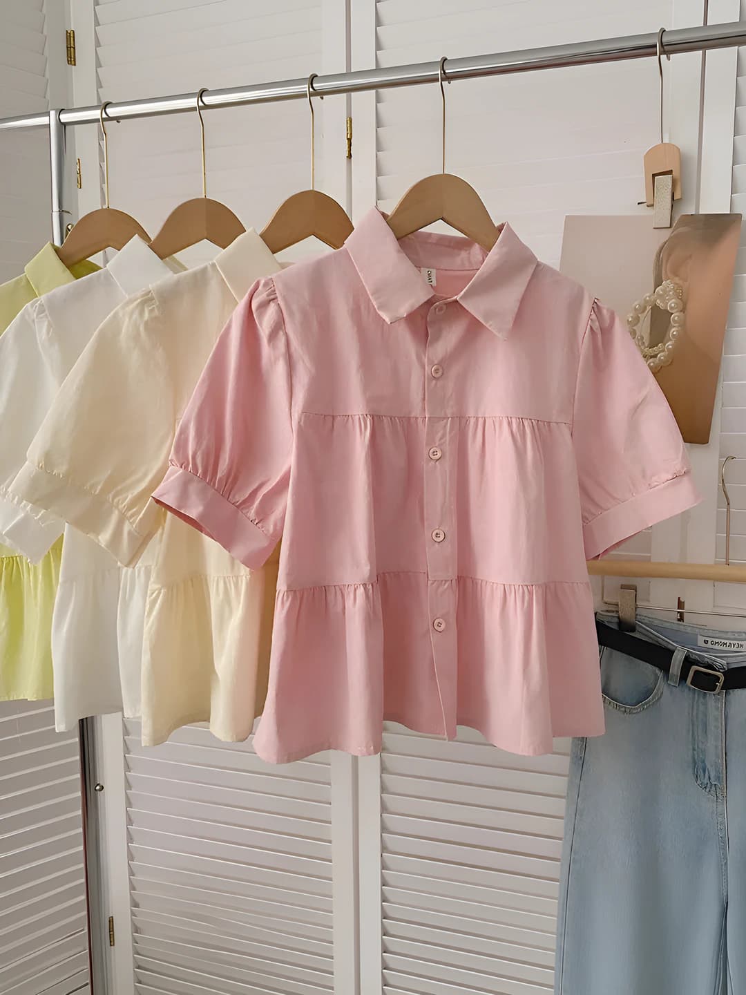 Women's summer Korean style loose fit slimming solid colour lapel collar short sleeve shirt