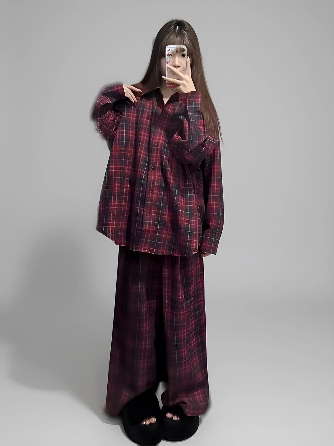 Ayollar uchun retro qizil to'rtburchakli naqshli uzun yengli pijama to'plami, katta o'lcham, bahor-kuz