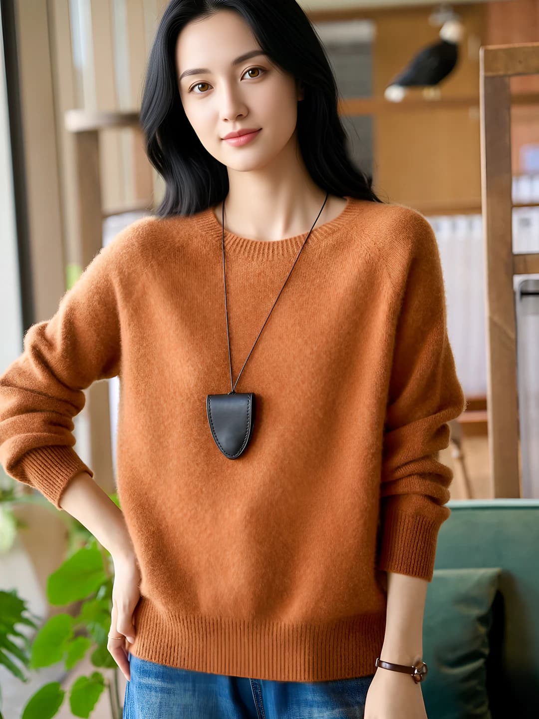 Women's cashmere sweater for autumn-winter, crew neck, long sleeve, loose fit, thickened, solid colour