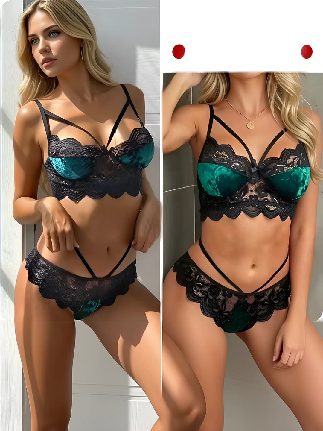 Women's lace and velvet two-piece lingerie set, V-neck, sleeveless, thin, breathable, all-season