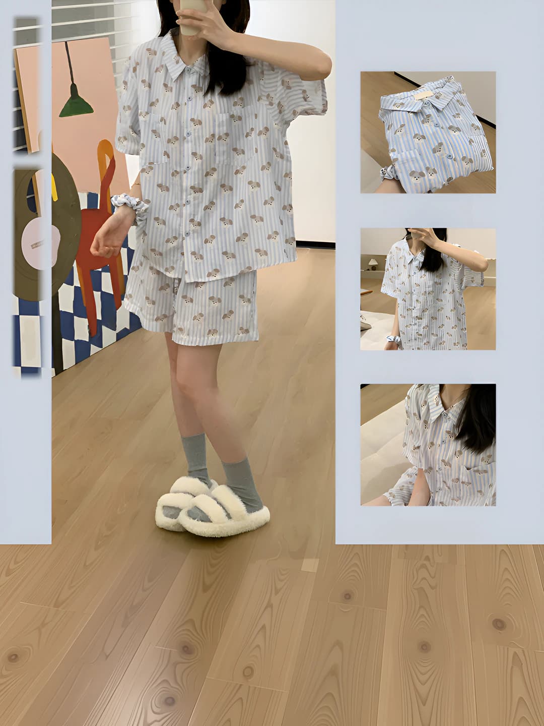 Ayollar uchun chiziqli kalta yengli pijama to'plami, yupqa, qaytarma yoqa, shorti, yoz