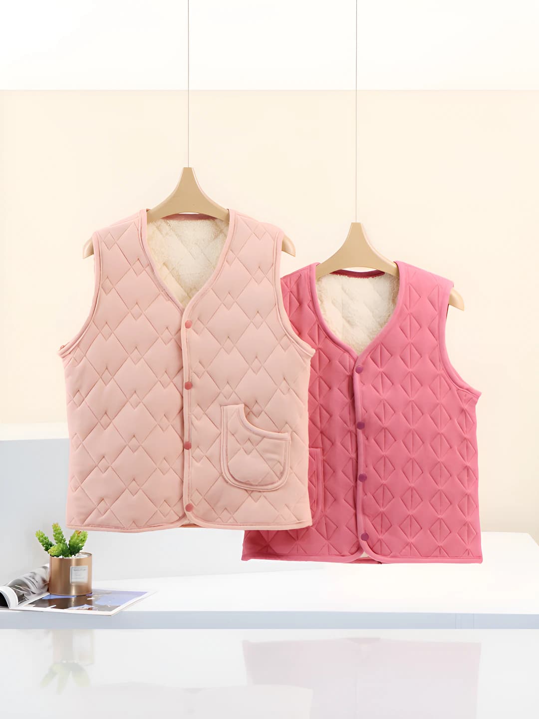 Women's fleece-lined thickened vest, autumn-winter, plus size, loose fit, solid colour, closure: button
