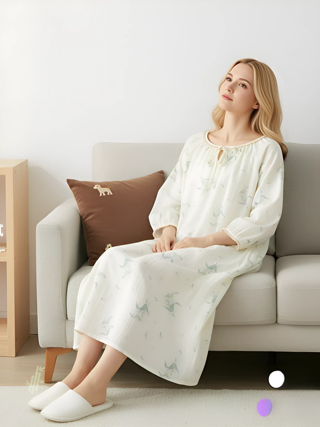 Women's pure cotton nightgown with crew neck, long sleeve, mid-length for spring-summer