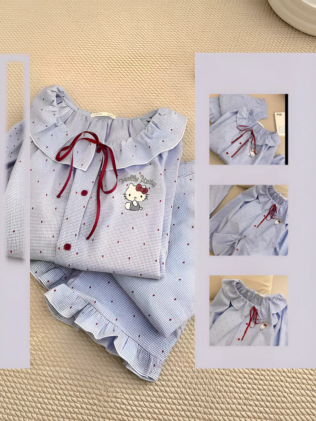 Women's Hello Kitty polka dot loungewear set, spring-autumn, long sleeve, trousers, medium thickness, polyester, cartoon style