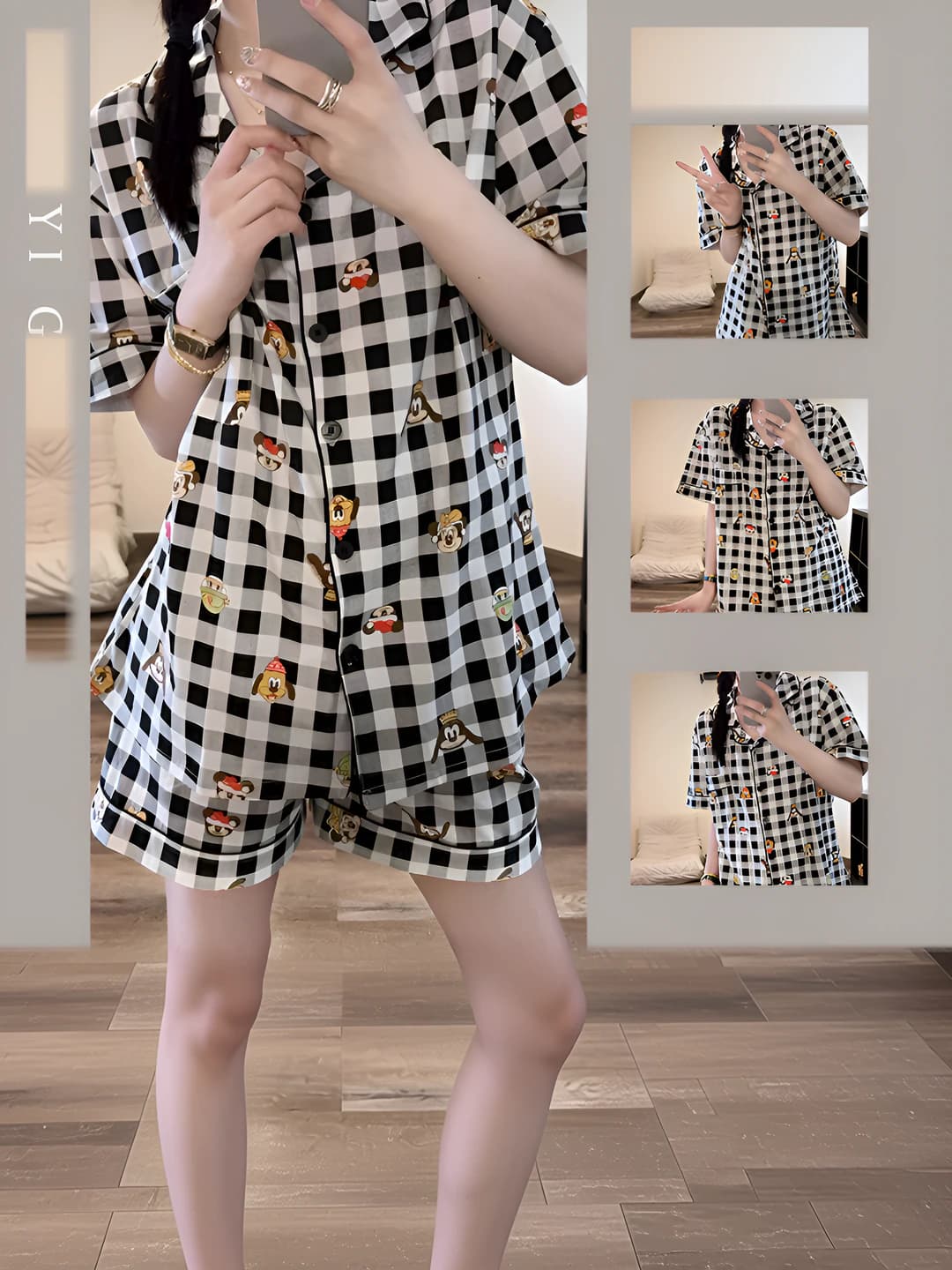 Women's summer short sleeve thin checked pajama set, loose fit, Korean style