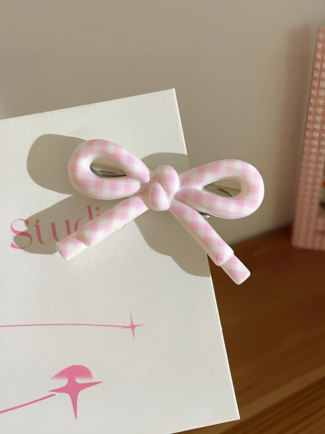 2# Bow, pink plaid, 5 cm