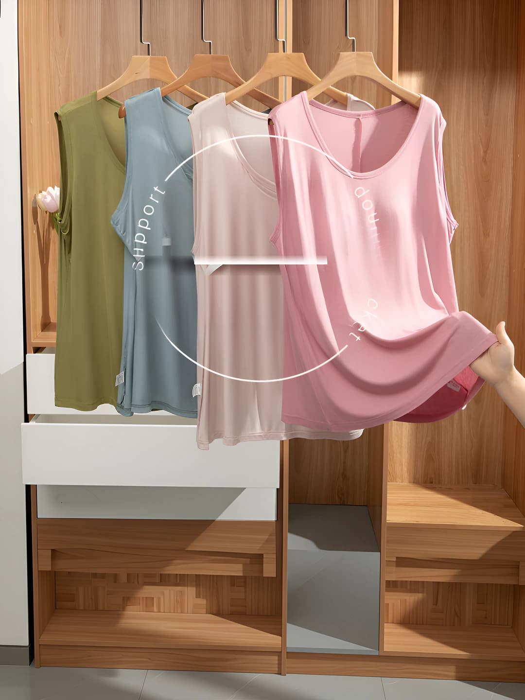 Women's tank top with built-in bra pad, thin, sleeveless, 90-95% modal, loose fit, solid colour, summer