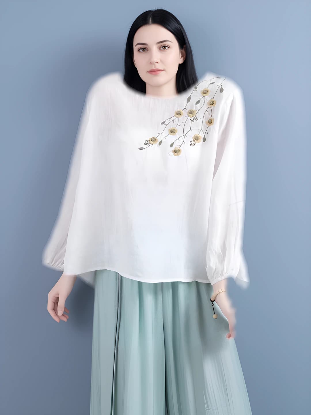 Women's embroidered loose fit blouse, long sleeve, V-neck, casual style