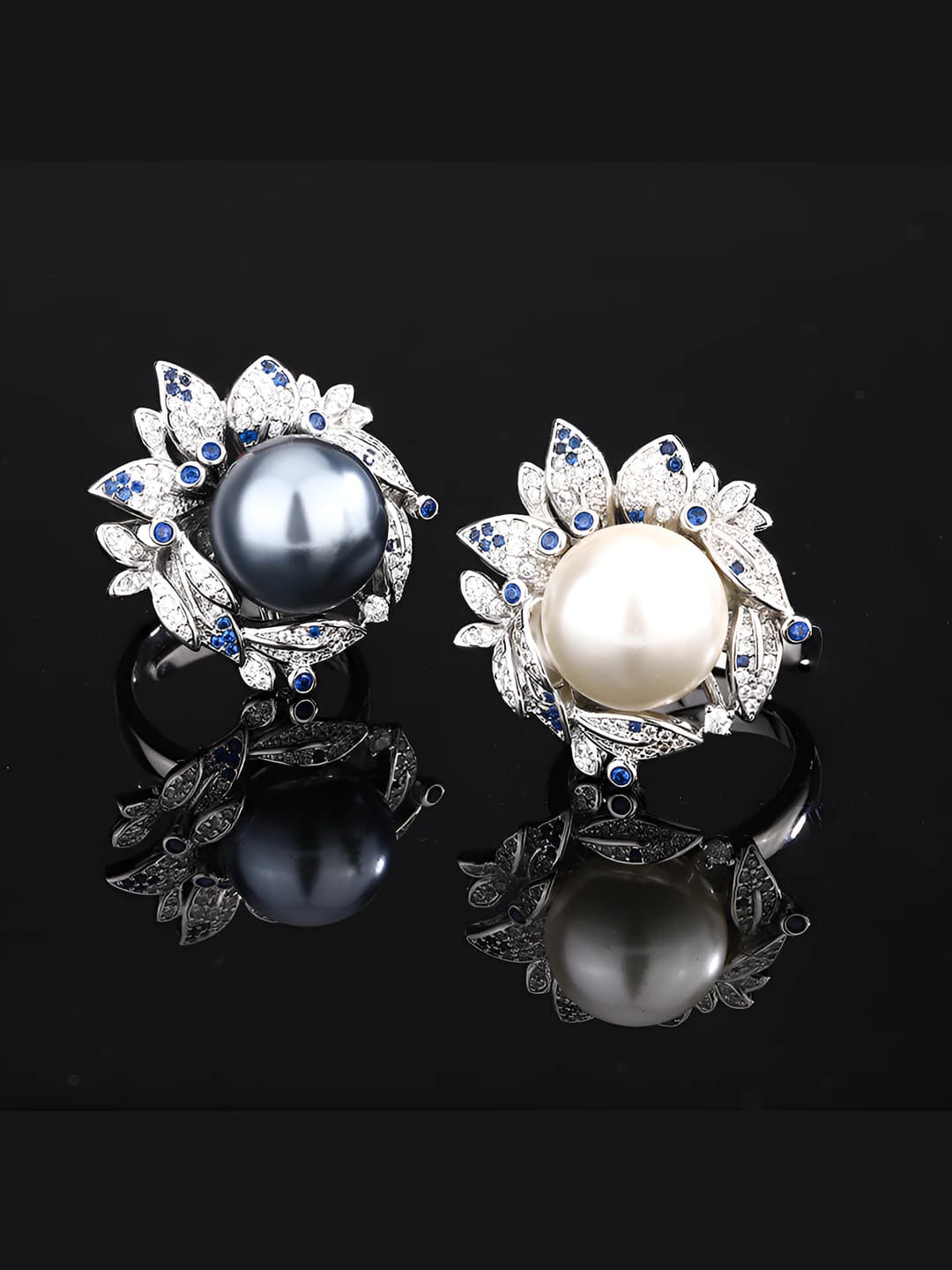 Women's 2026 metal ring, white gold plated, 14 mm, pearl and diamond set, geometric shape, OL style