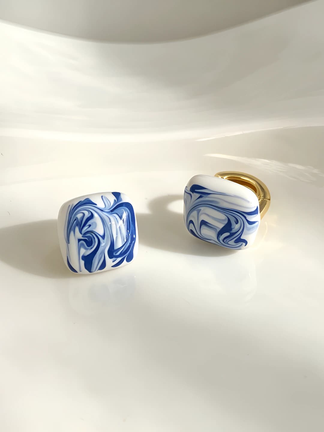 Square blue floral earrings