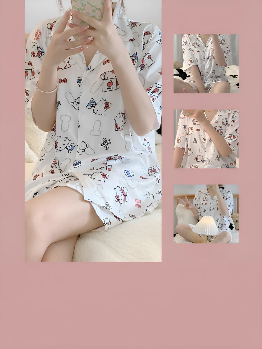 Women's pajama set (short-sleeve top and shorts), Korean style, cartoon, lapel collar, breathable, stretch, loungewear