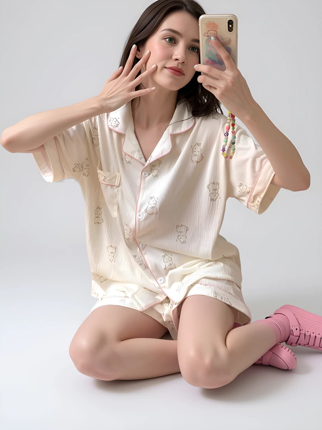 Women's 2026 summer casual breathable pajama set with lapel collar and shorts