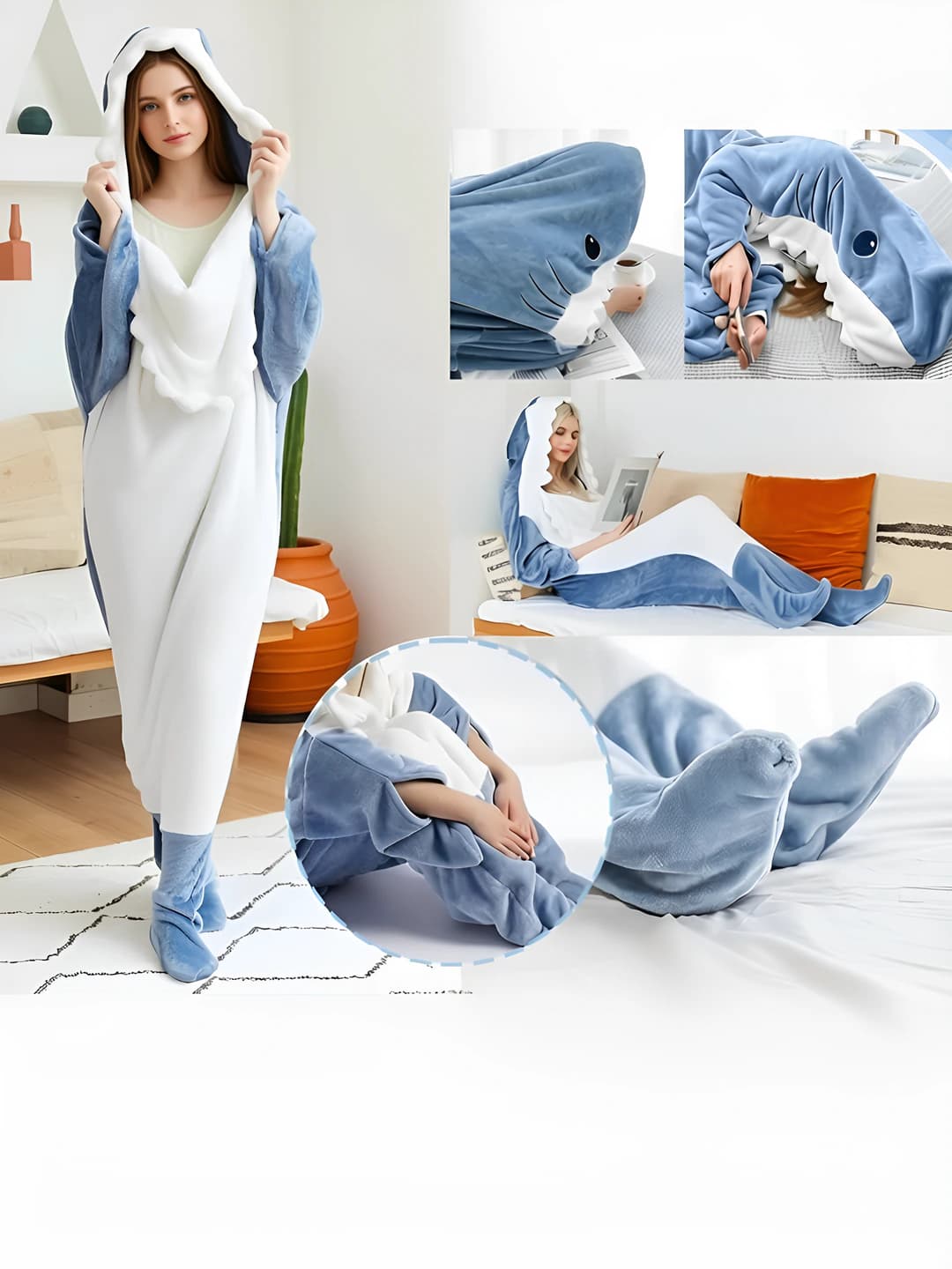 Ayollar uchun qalinlashtirilgan flanel shark pijama, issiq saqlaydigan, to'rt mavsum, uzun yeng, uzun shim, bo'sh (oversize) uslubdagi bitta kiyim