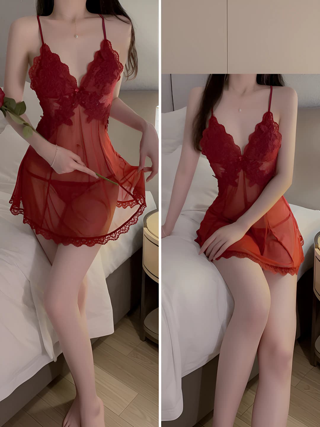 4242 Dark red (Nightgown+Bra+Panties)