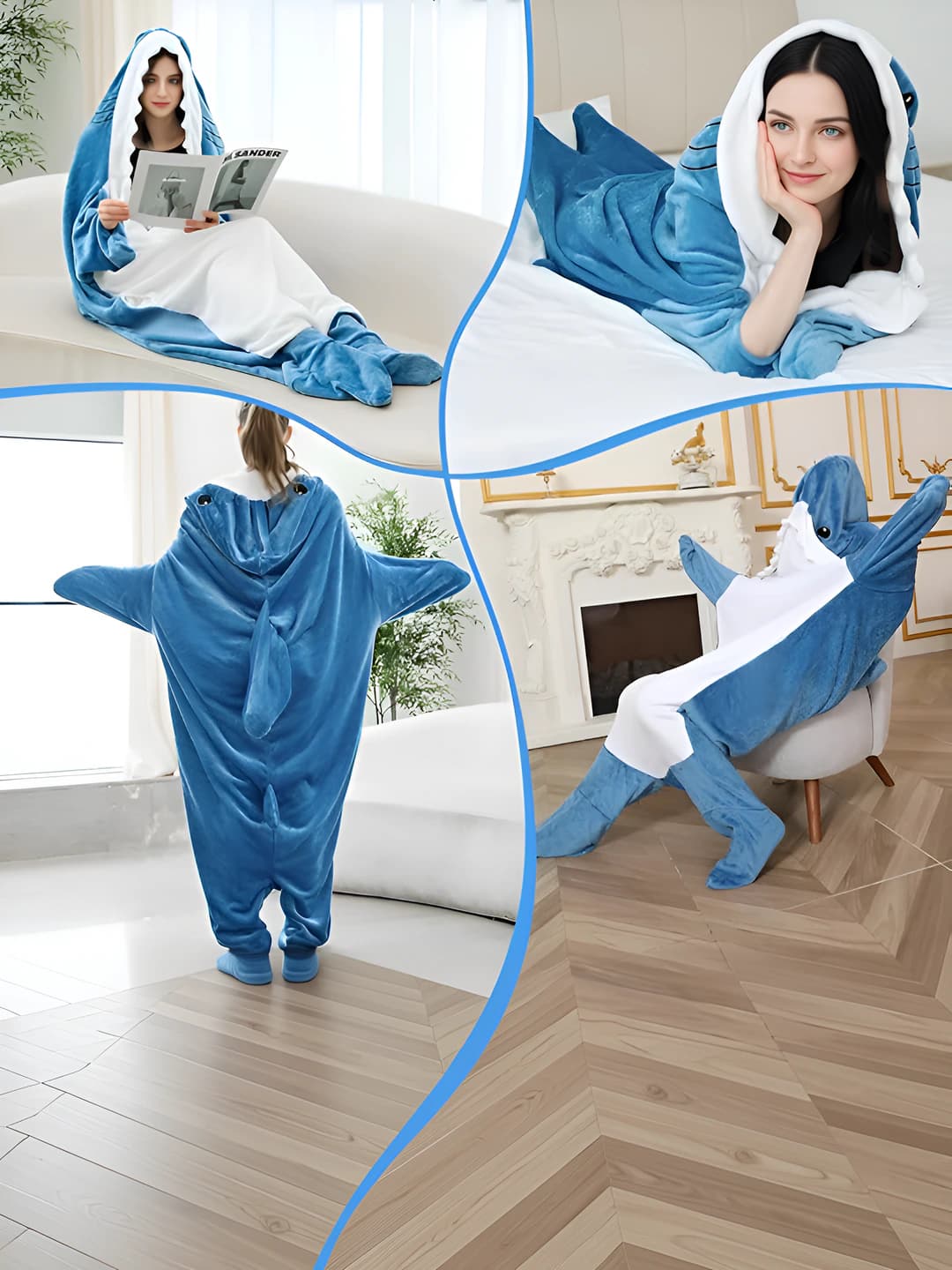 Women's thickened flannel shark pajama onesie, warm, long sleeve, trousers, winter