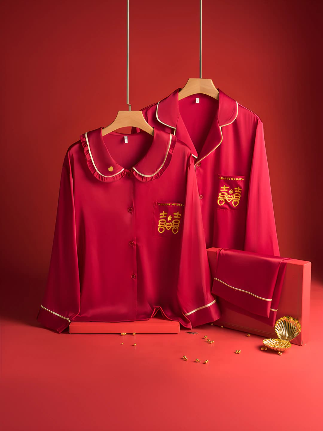 Women's loungewear set: thin, long sleeve and trousers, lapel collar, red, all-season
