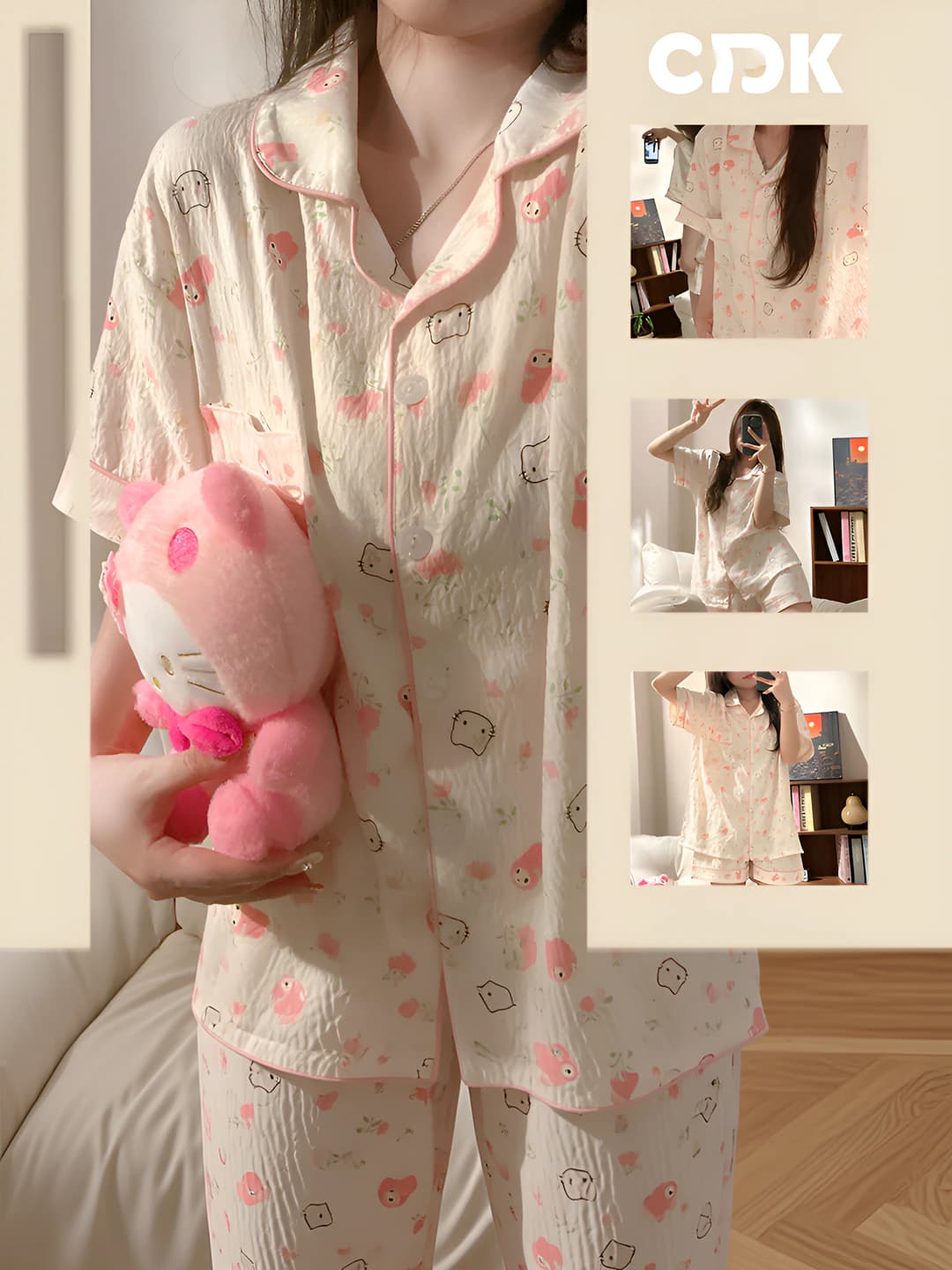 Women's Korean style KT cartoon cat pajama set, thin, summer, short sleeve and shorts, loungewear