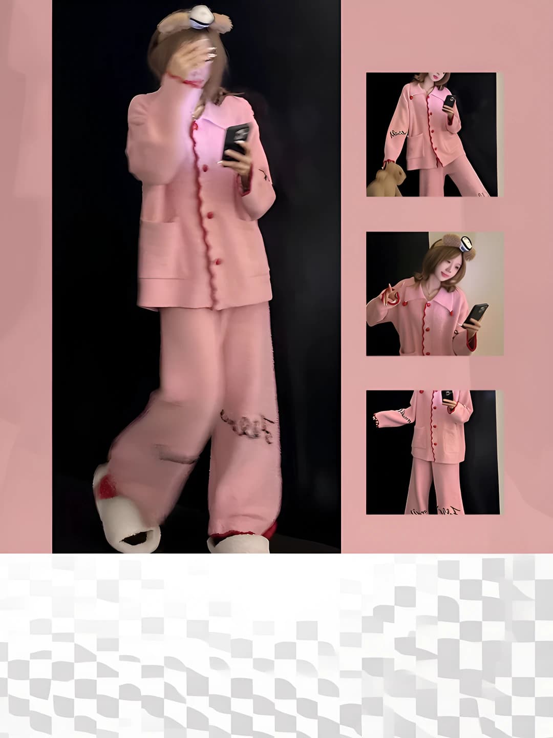 Ayollar uchun issiq astarli, bosma naqshli, uzun yengli va uzun shimli pijama to'plami, kuz-qish mavsumi uchun