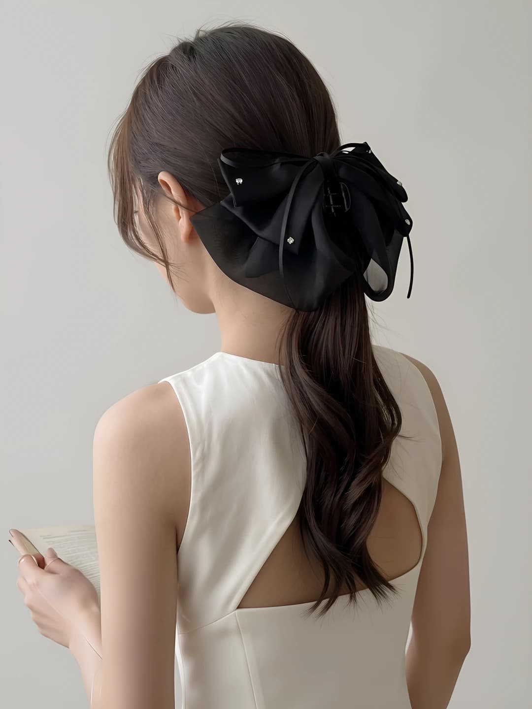 2# Black bow with diamond clip, 24 cm