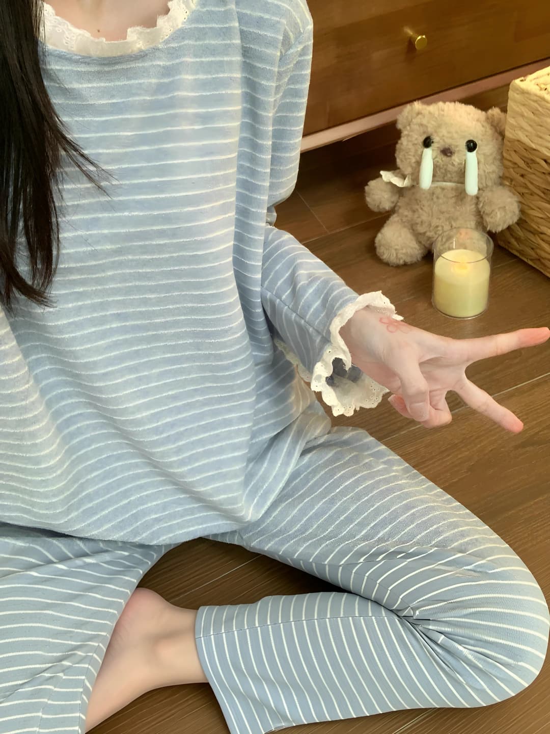 Women's thickened striped printed lace long sleeve pajama set with trousers, autumn-winter and spring loungewear