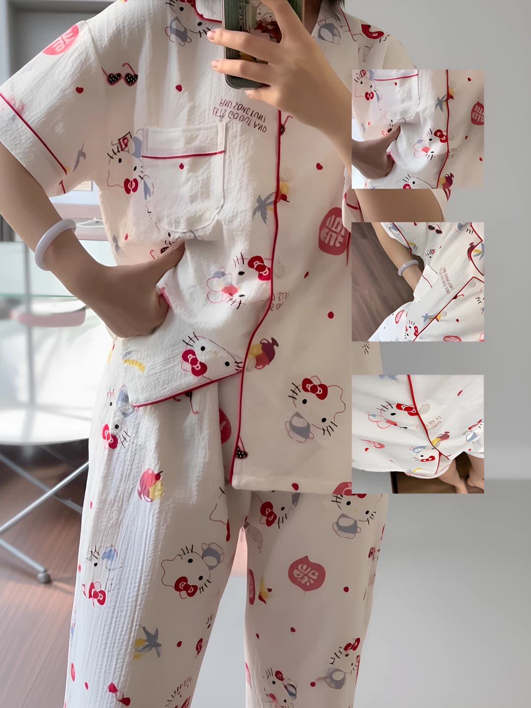 Women's summer loungewear set: short-sleeve top and shorts, lapel collar, polyester