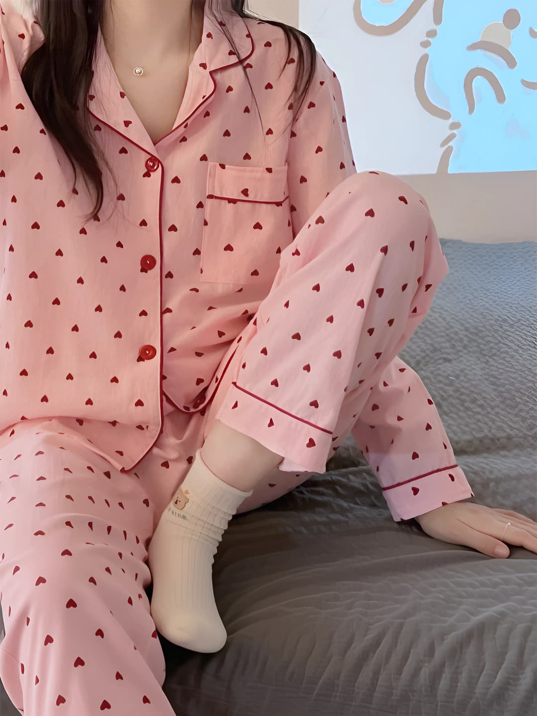 Ayollar uchun sof paxta pijama to'plami: uzun yengli ko'ylak va uzun shim, qaytarma yoqa, kuz, bahor va qish mavsumlari uchun