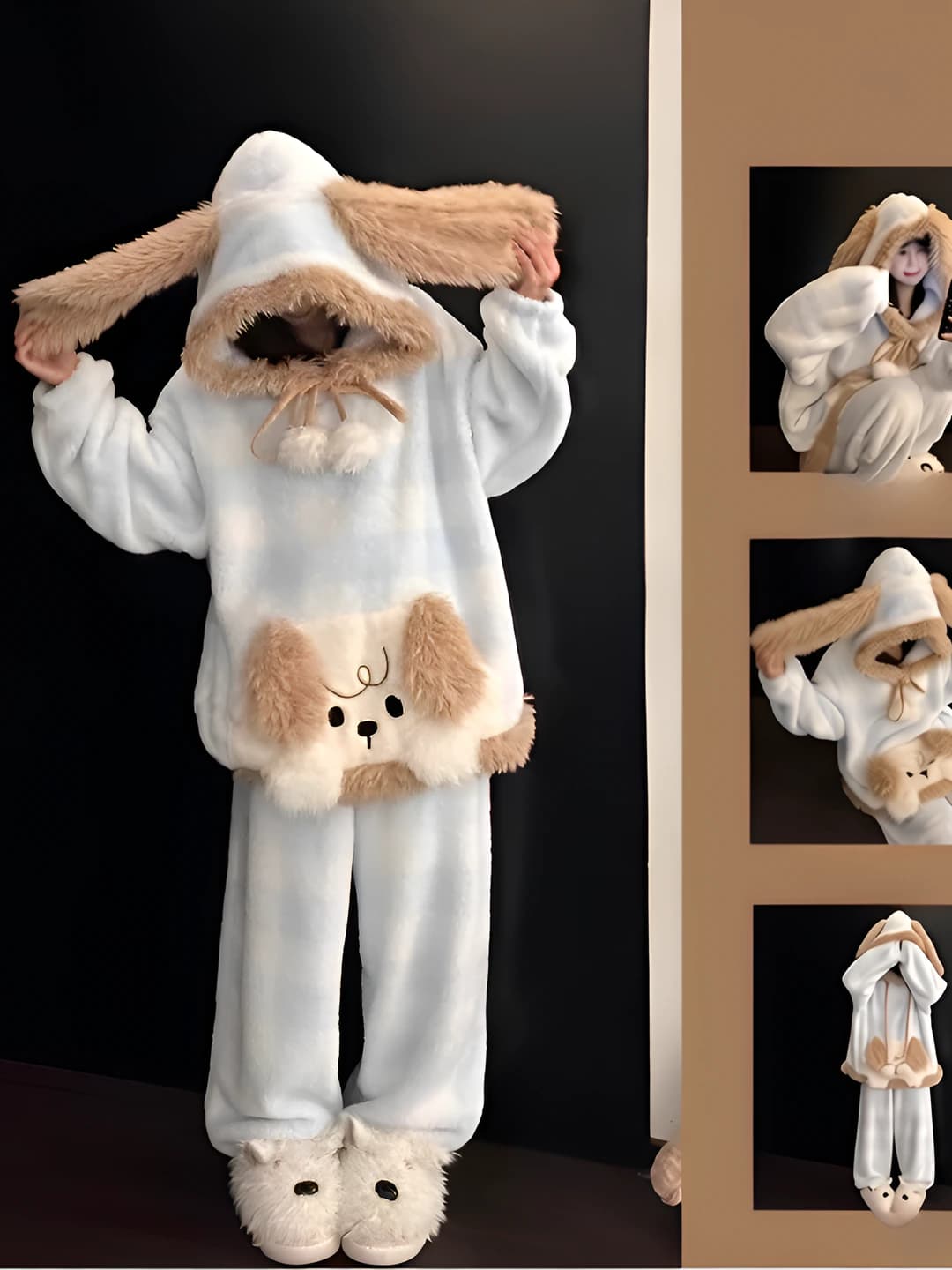 Женский комплект пижам из кораллового флиса с начёсом, утеплённый, зимний, с капюшоном и мультяшным дизайном