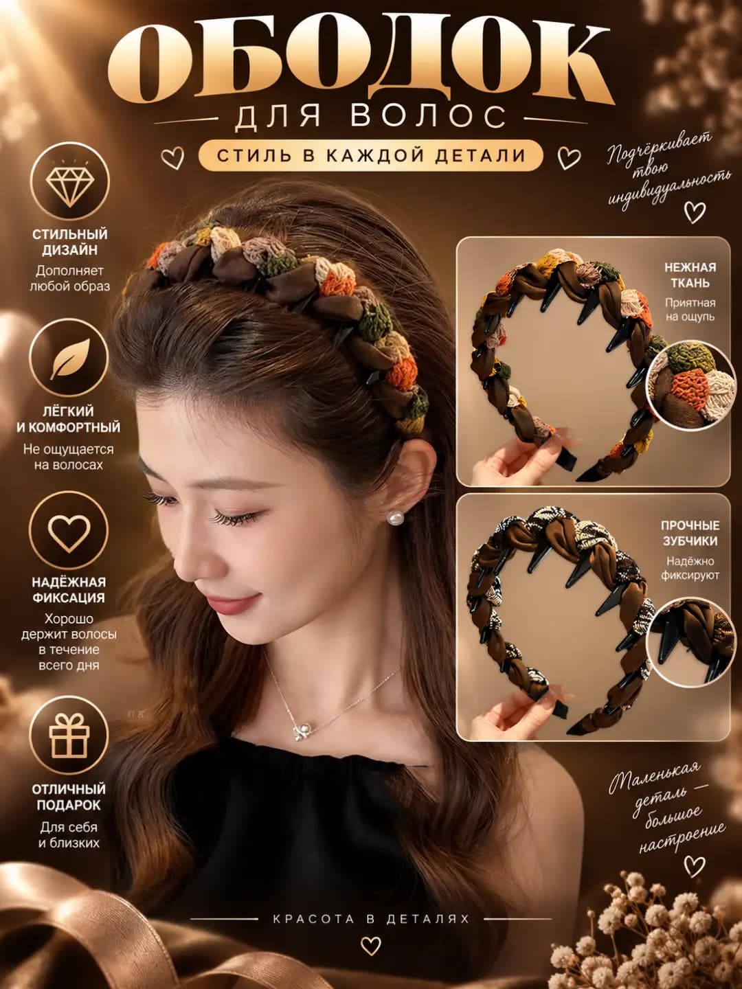 Women's coffee-colored wavy headband with non-slip teeth, cable knit design element, mixed material, handmade