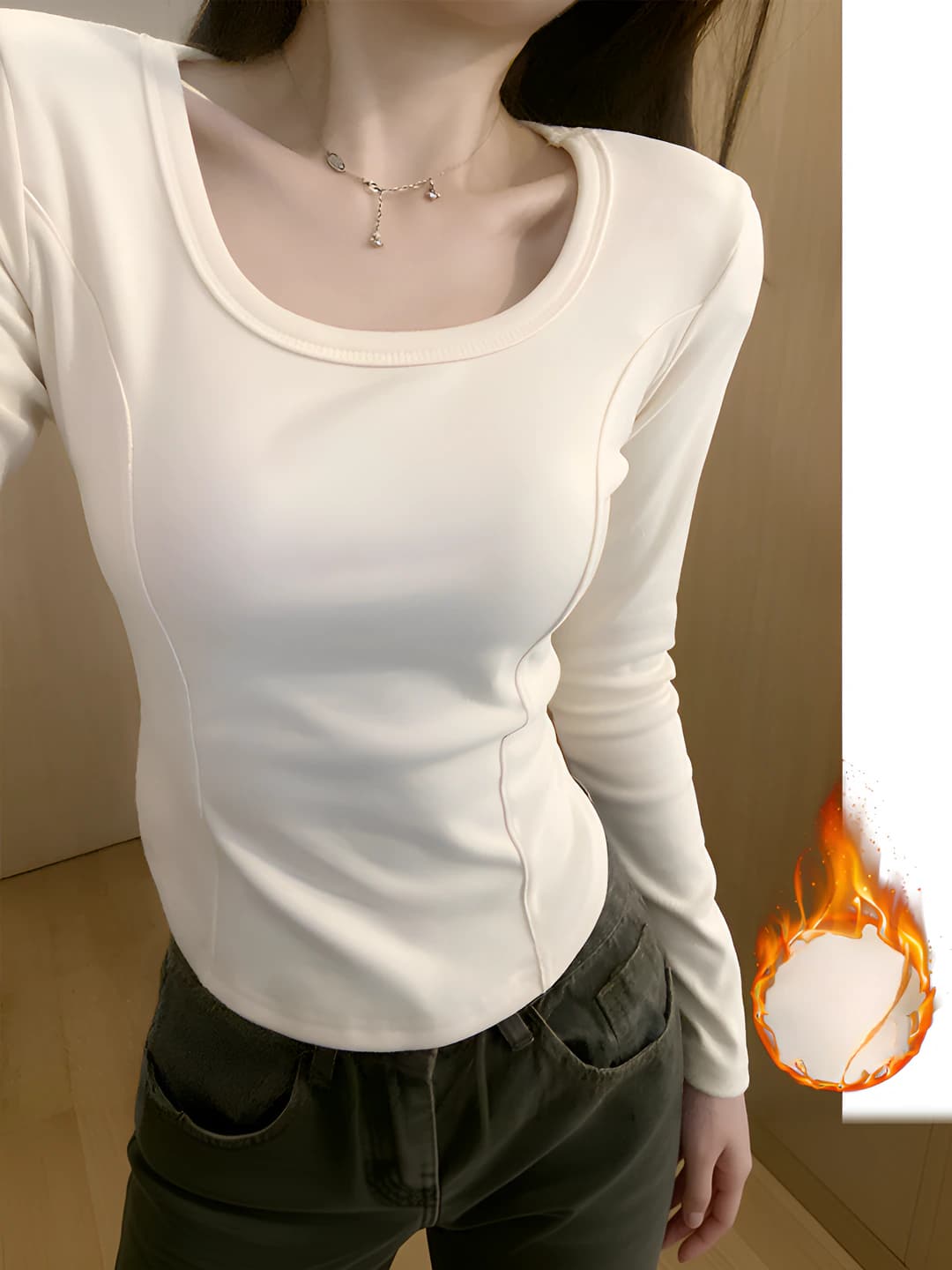 Women's autumn-winter warm, fleece-lined, thickened, slim fit, slimming, solid colour, long sleeve, cropped long-sleeve base top