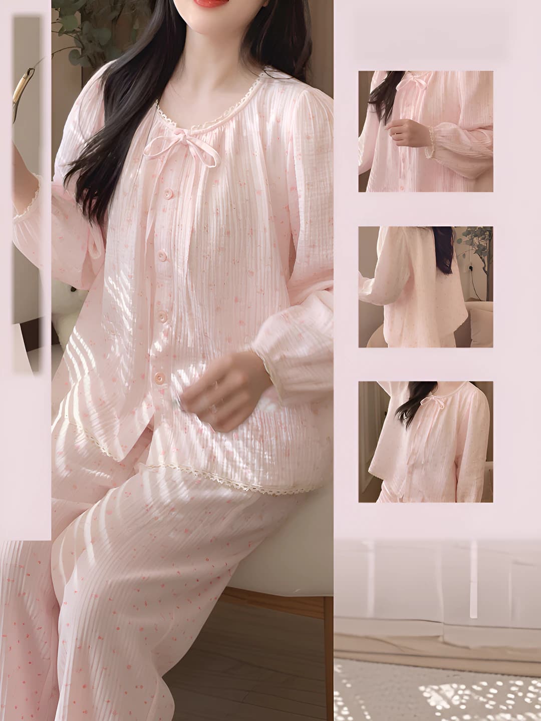 Women's pink spring style loungewear set, long sleeve, lapel collar, loose fit plus size cardigan and pyjamas, two-piece set