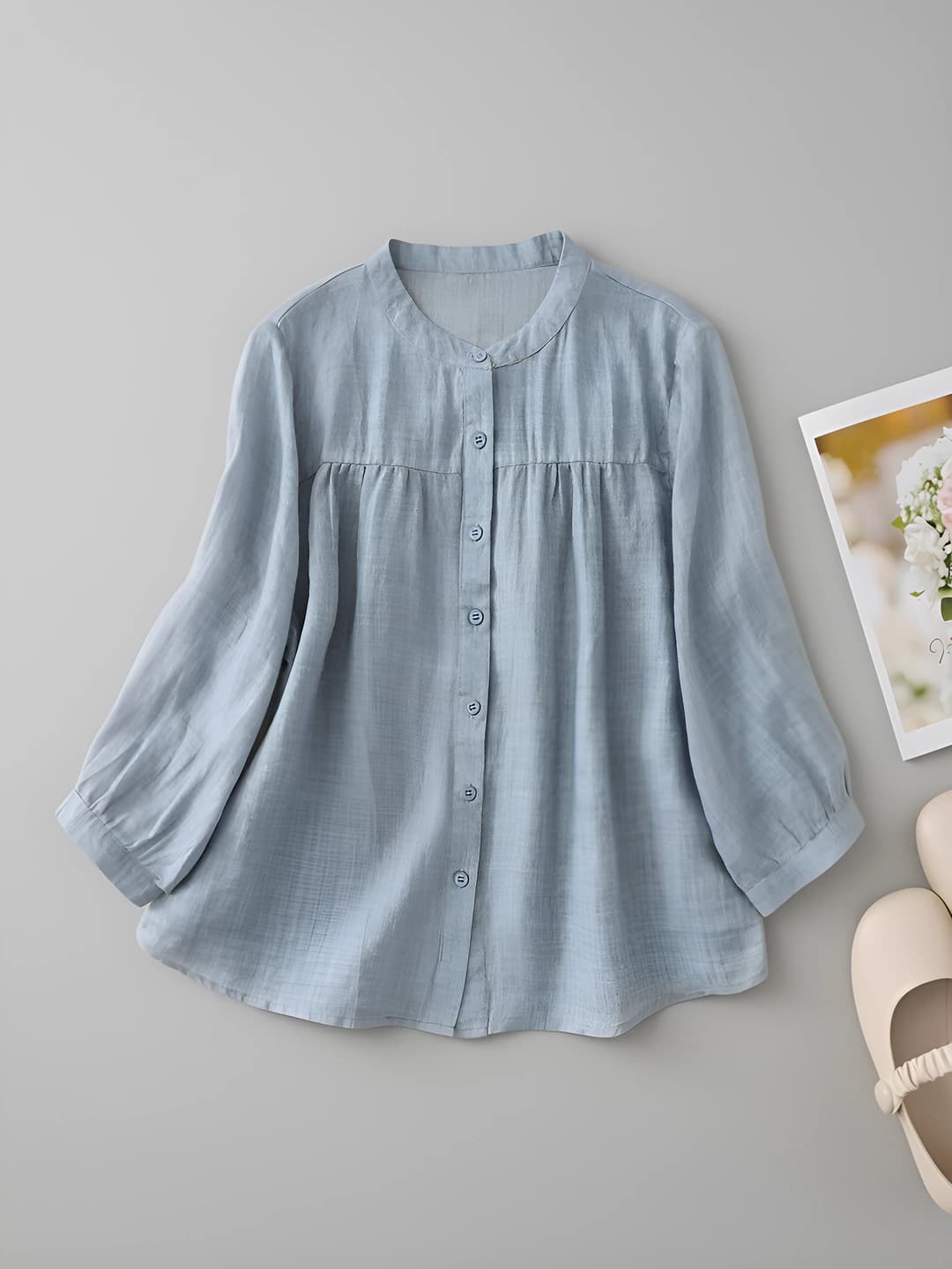 Women's plus size slimming loose fit casual solid colour cotton-linen three-quarter sleeve shirt