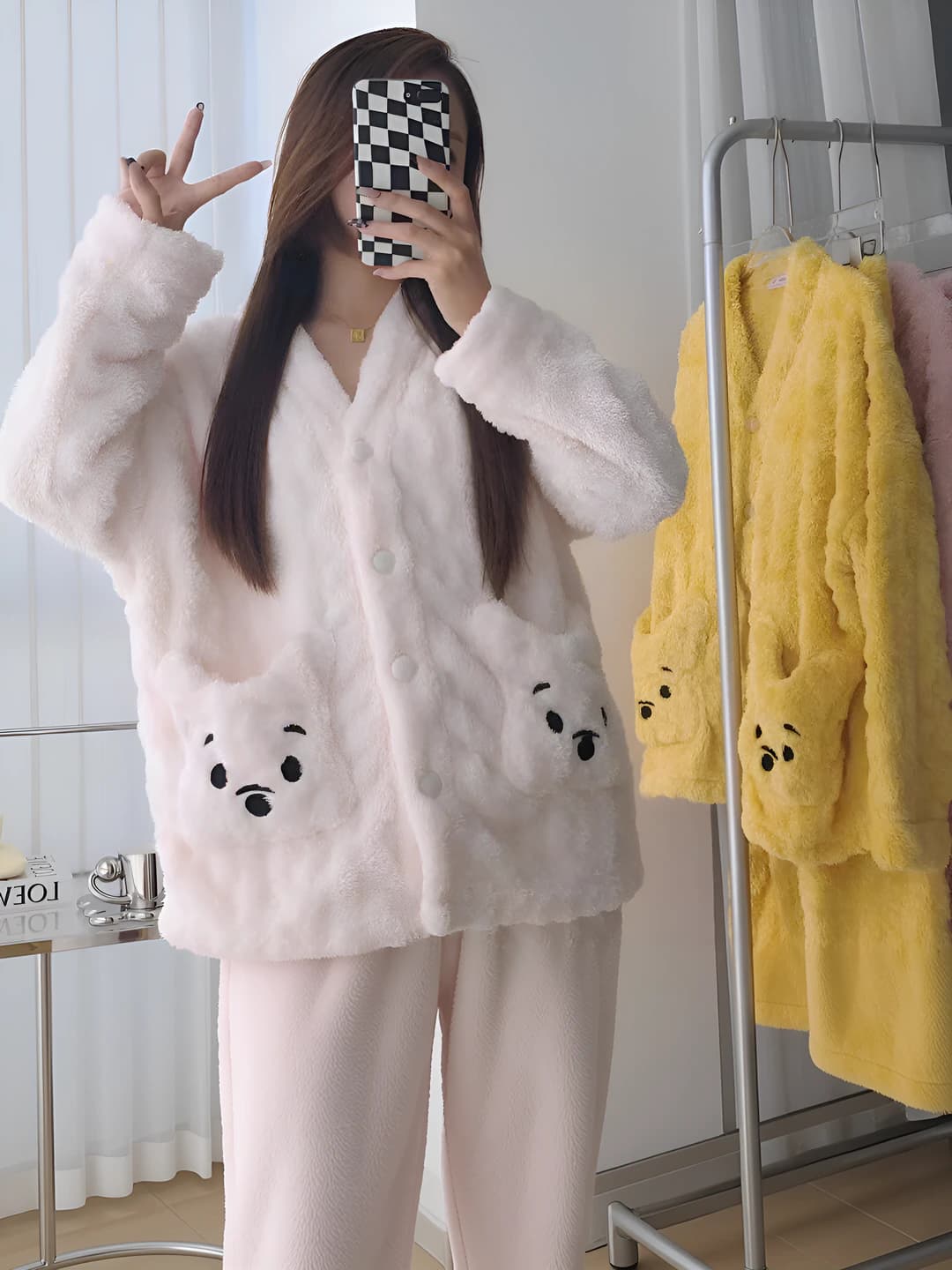 Women's fleece-lined coral fleece pyjamas set, autumn-winter, Korean style, loose fit, loungewear