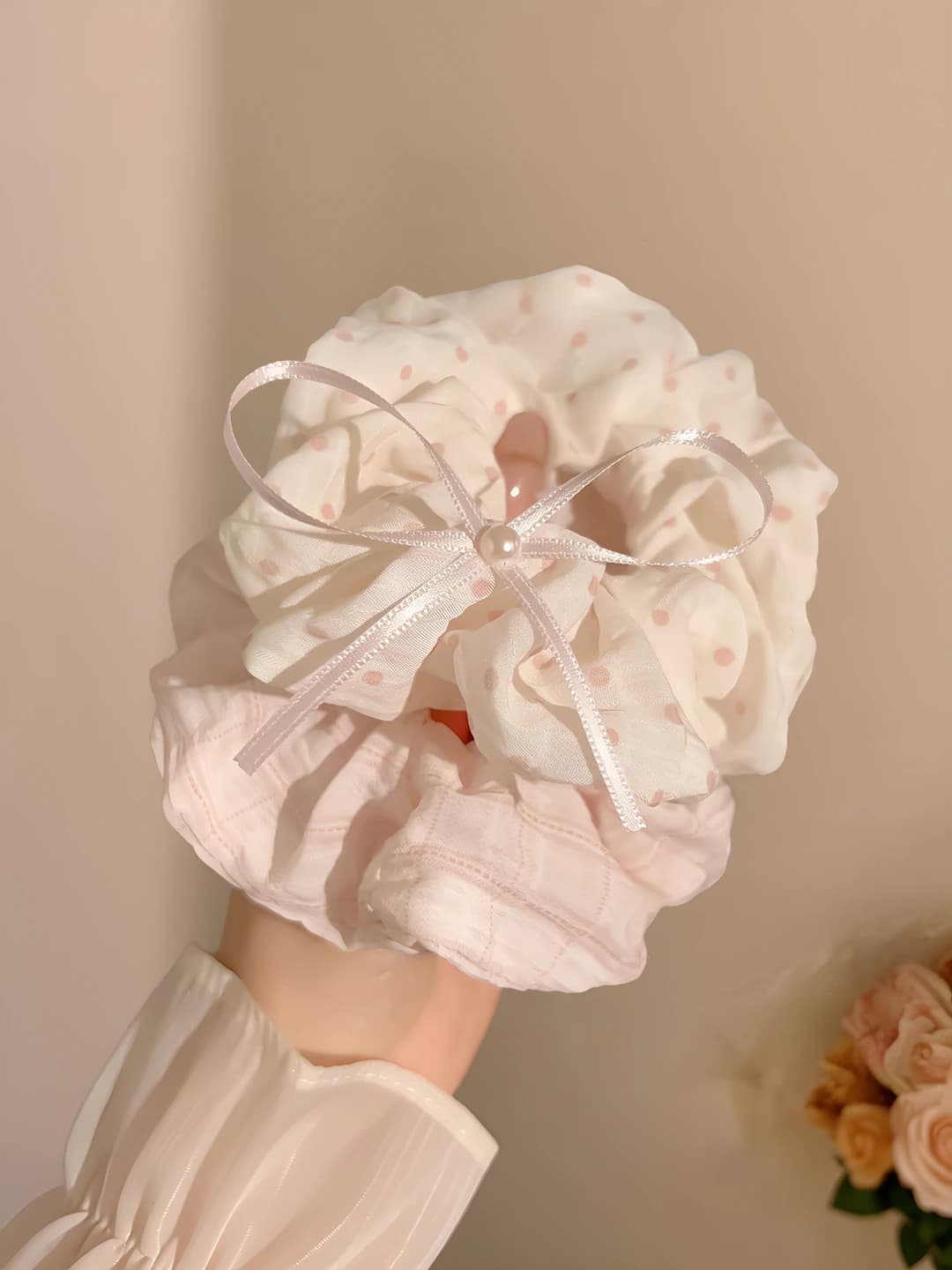 1# Pink floral large scrunchie 2-piece set - ~10 cm fabric+elastic