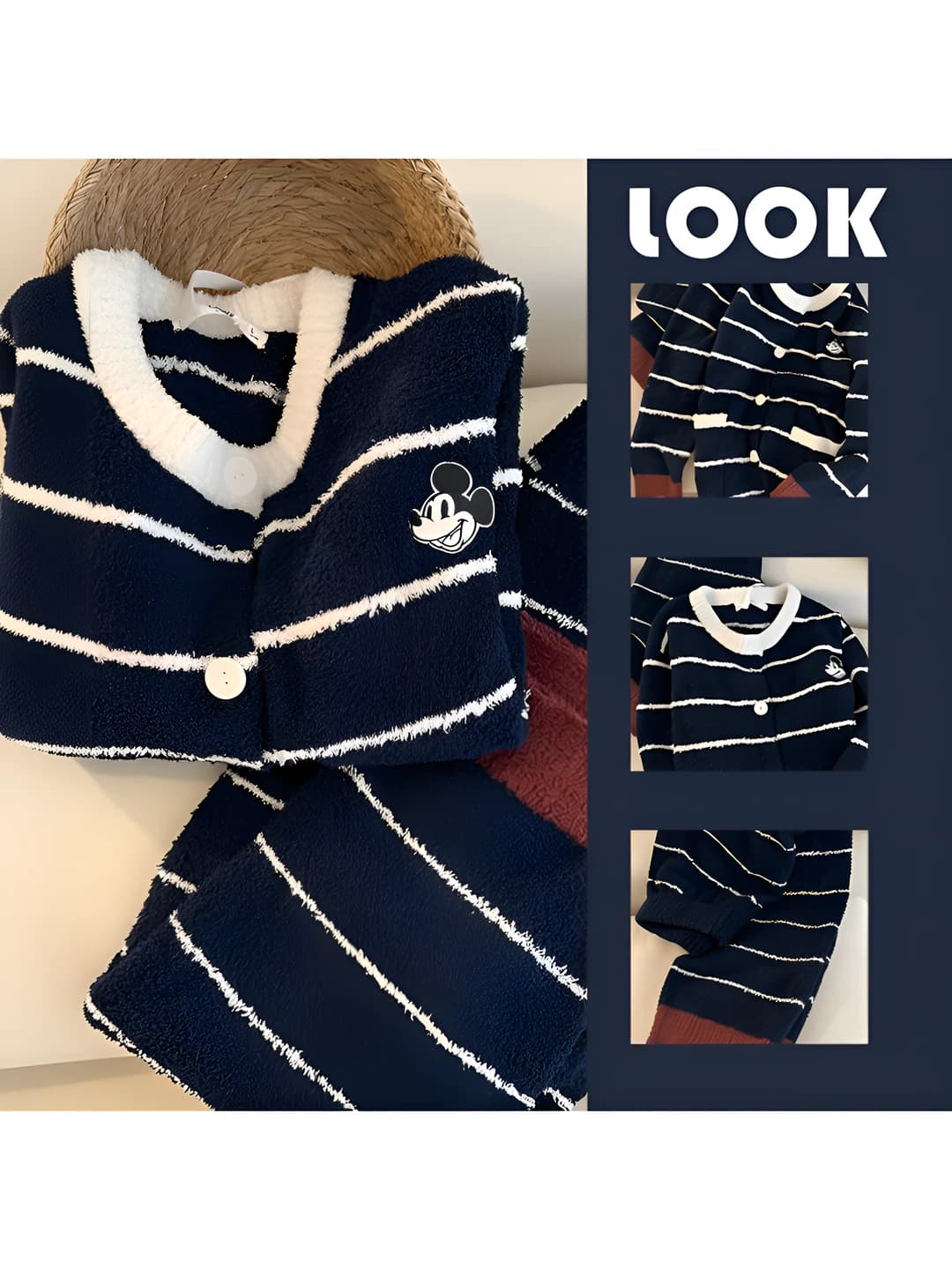 Women's Korean style striped loungewear set, thickened, warm, long sleeve, crew neck, for autumn-winter