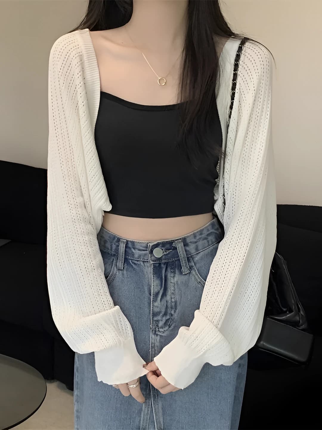 Women's sun-protective ice-silk fabric cardigan, long sleeve, batwing sleeve, U-neck, solid colour, Chanel style