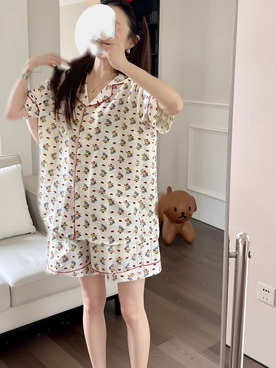Women's summer pajama set: thin, casual, short sleeve, lapel collar, shorts, polyester, apple and bear print