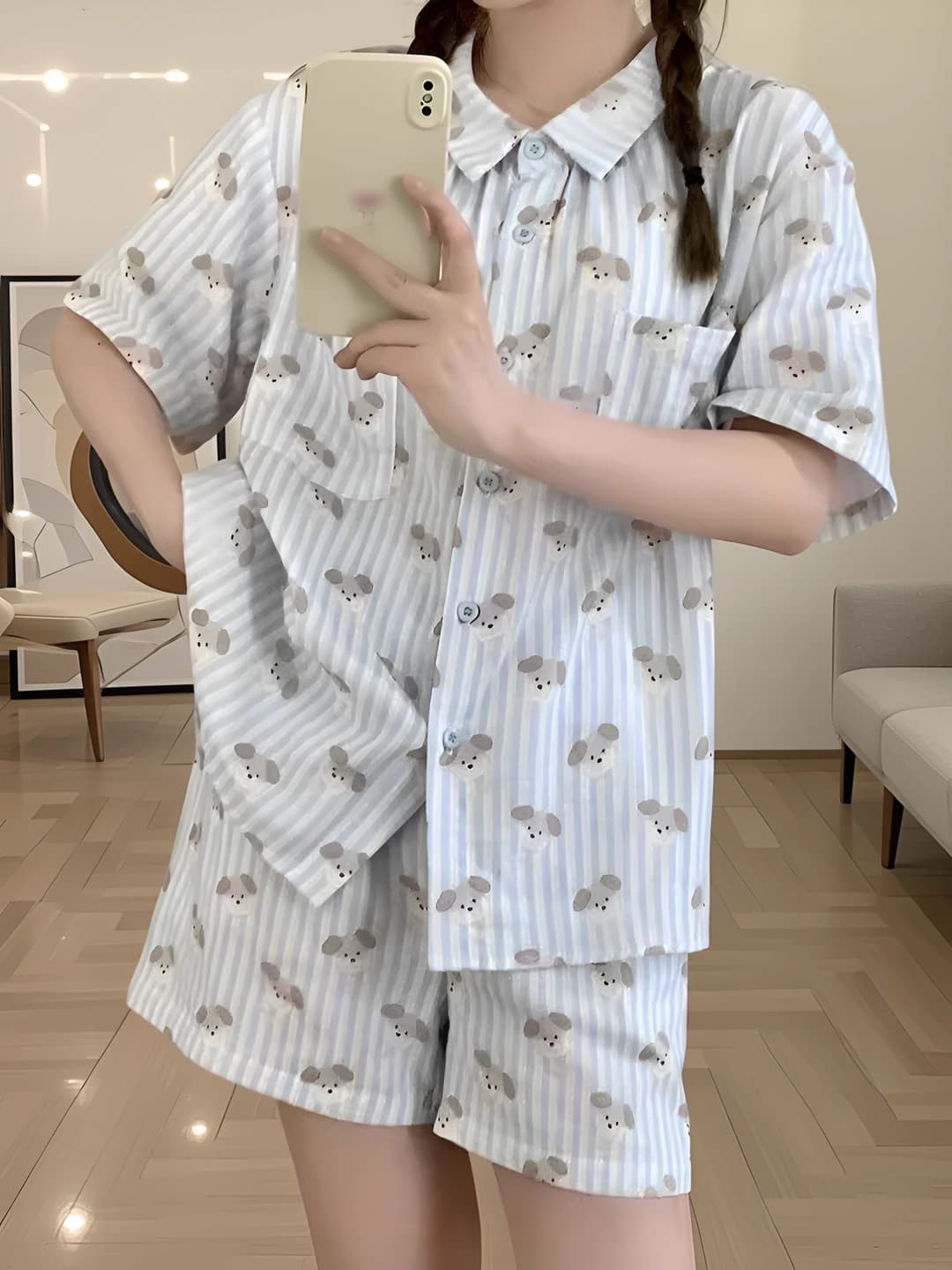 Ayollar uchun yozgi chiziqli kalta yengli pijama to'plami, ikki qatlamli gaz mato, shorti