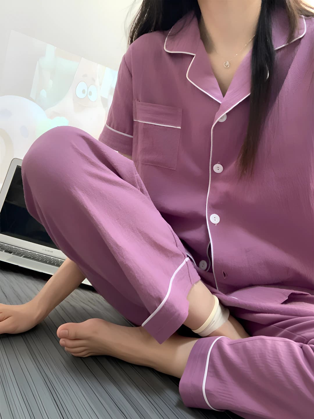 Women's Japanese style solid colour 100% cotton pajama set: lapel collar, short sleeve, trousers, breathable, thin, loungewear and wearable outside