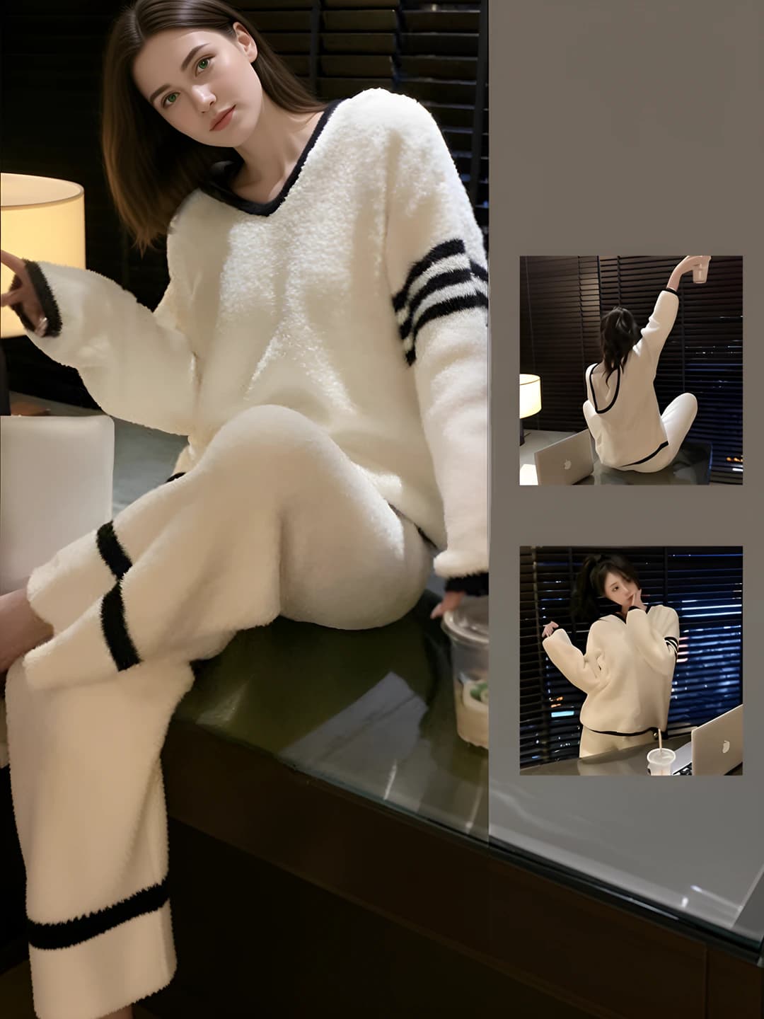 Ayollar uchun koral flis pijama to'plami, koreys uslubida, qalinlashtirilgan, bir rangli, V-yoqa, uzun yeng, uzun shim, qish mavsumi uchun