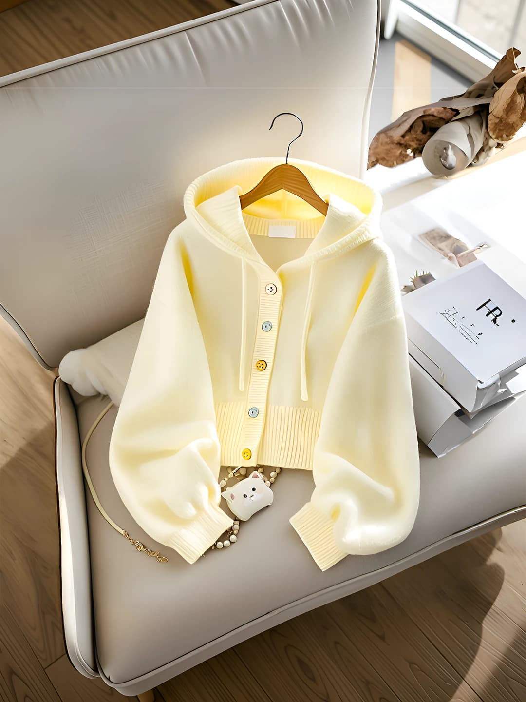 Women's 2026 autumn short knit cardigan, solid colour, loose fit, long sleeve, collar: hood
