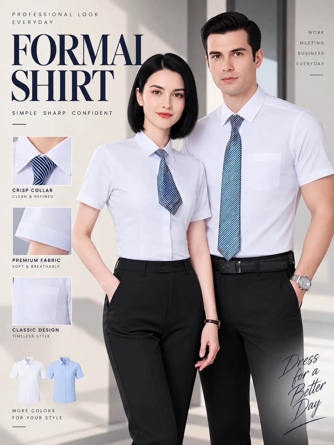 Ayollar uchun yozgi kalta yengli ko'ylak-shirt, bir rangli, tanaga yopishgan, dazmol talab qilmaydi, havo o'tkazuvchan, kashtali